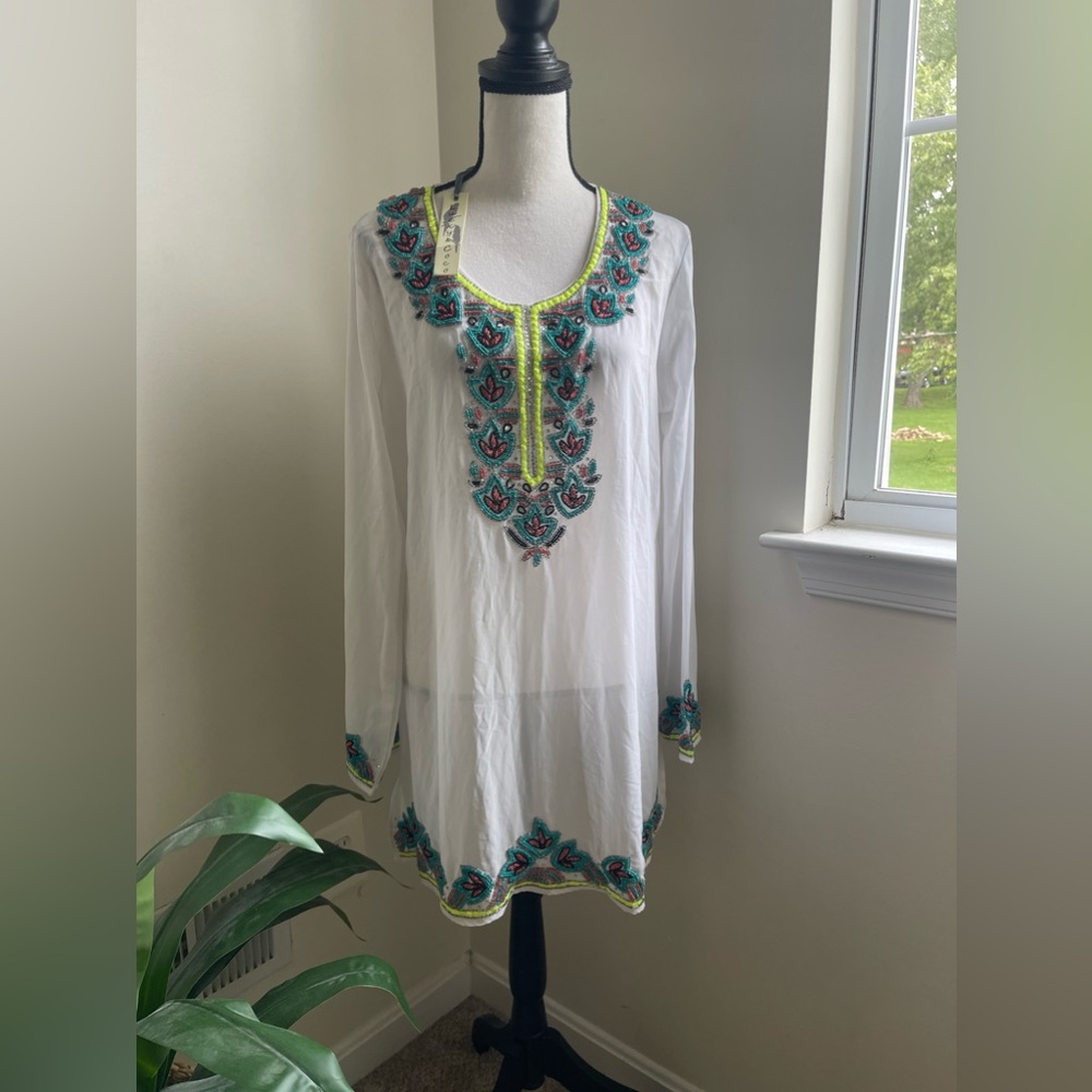 NWT Beaded White Sheer Cover Up size L